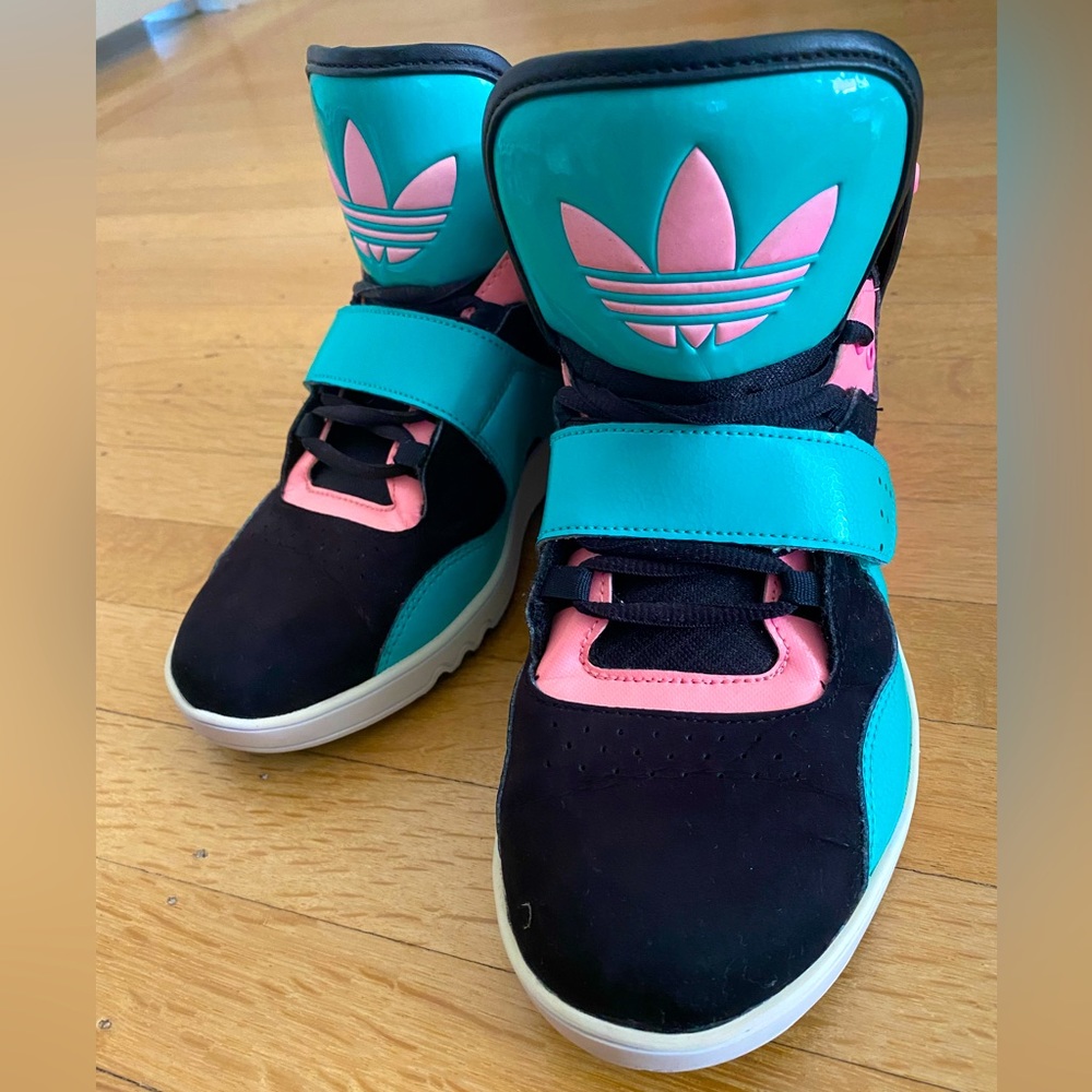 Adidas neon pink + turquoise high top velcro sneakers 80’s inspired
